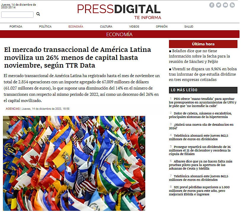 El mercado transaccional de Amrica Latina moviliza un 26% menos de capital hasta noviembre, segn TTR Data